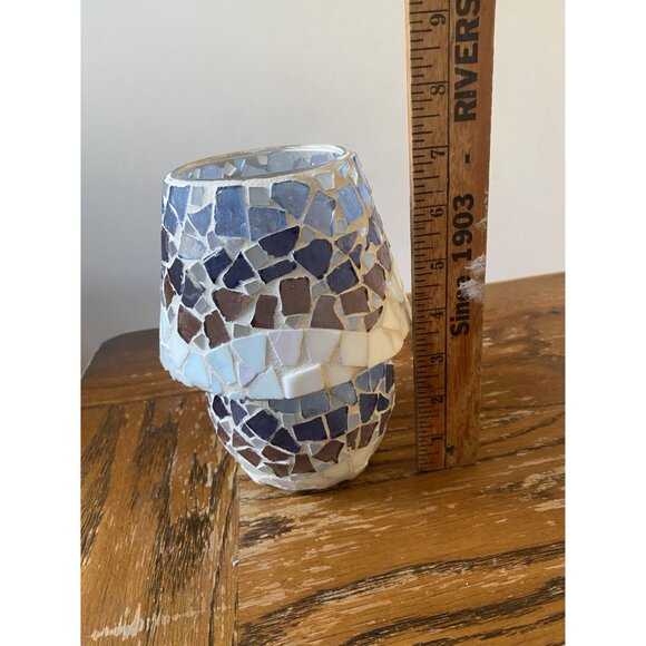Home Interior Mosaic Glass Candle Holder Set With Blue & Brown Stained Glass Des - Picture 5 of 5